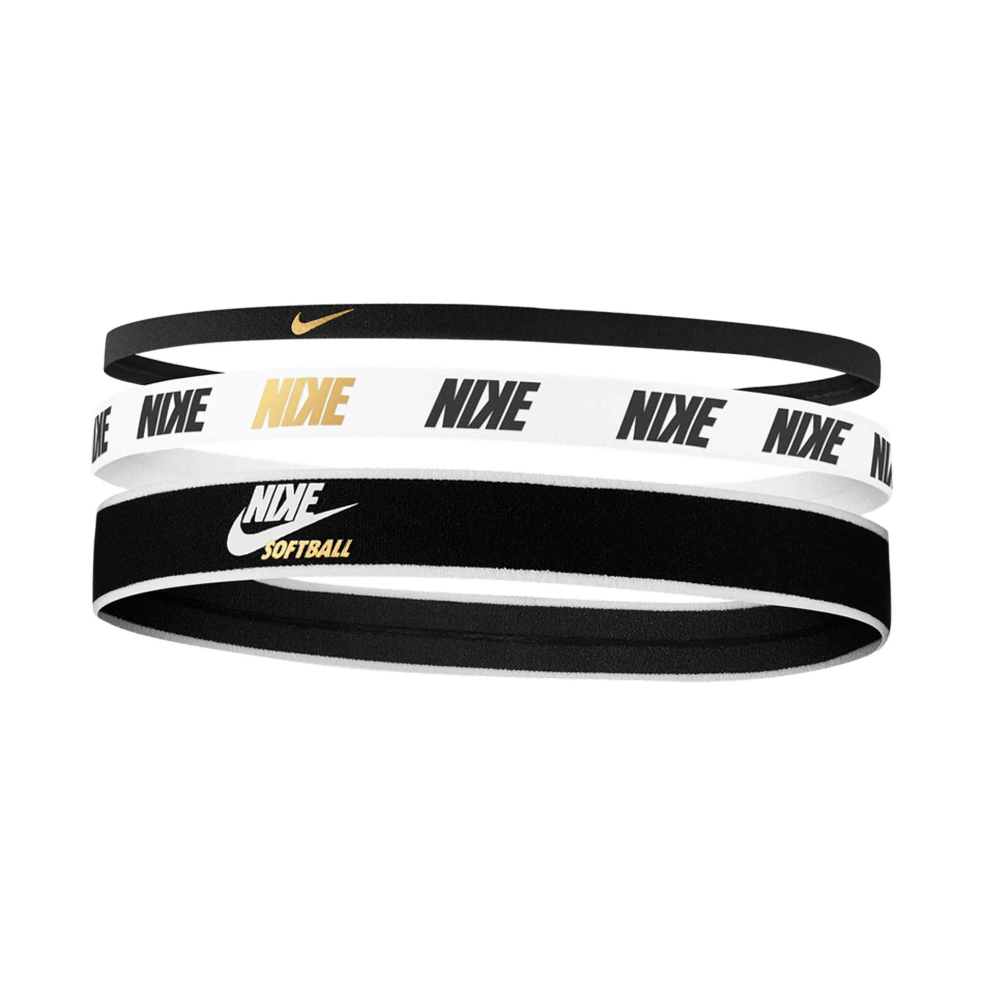 Nike Softball Mixed Width Headbands 3 PK Black/White/Gold